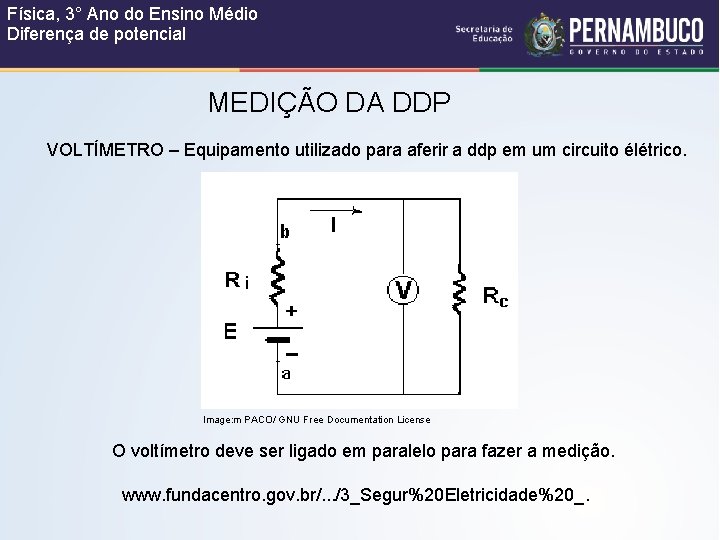 Física, 3° Ano do Ensino Médio Diferença de potencial MEDIÇÃO DA DDP VOLTÍMETRO –