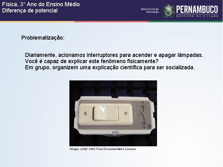 Física, 3° Ano do Ensino Médio Diferença de potencial Problematização: Diariamente, acionamos interruptores para