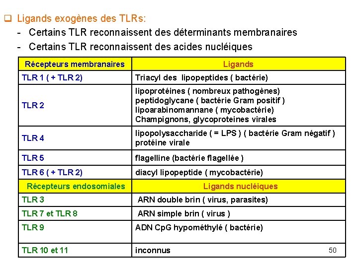 q Ligands exogènes des TLRs: - Certains TLR reconnaissent des déterminants membranaires - Certains