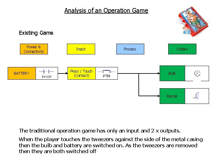 Analysis of an Operation Game Existing Game Power & Connectivity BATTERY 3 V-12 V Analysis of an Operation Game Existing Game Power & Connectivity BATTERY 3 V-12 V