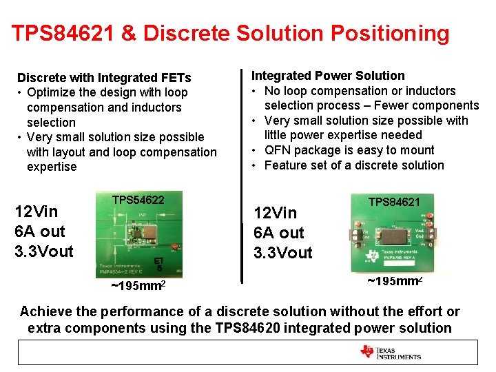 TPS 84621 & Discrete Solution Positioning Discrete with Integrated FETs • Optimize the design