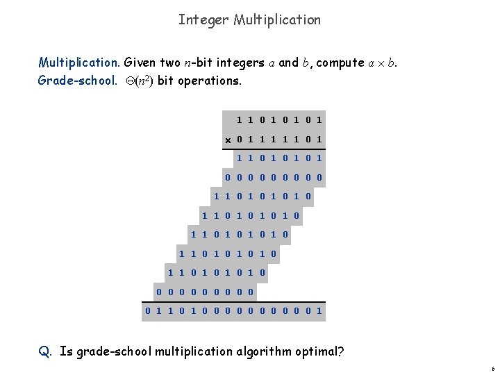 Integer Multiplication. Given two n-bit integers a and b, compute a b. Grade-school. (n