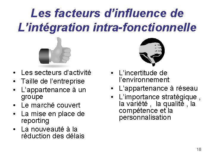 Les facteurs d’influence de L’intégration intra-fonctionnelle • Les secteurs d’activité • Taille de l’entreprise
