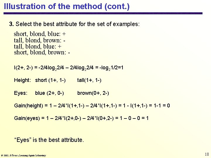 Illustration of the method (cont. ) 3. Select the best attribute for the set
