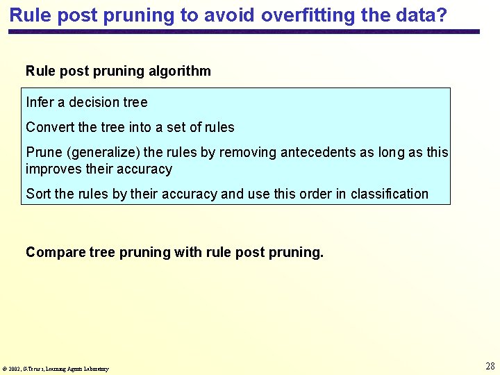 Rule post pruning to avoid overfitting the data? Rule post pruning algorithm Infer a