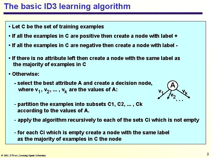 The basic ID 3 learning algorithm • Let C be the set of training
