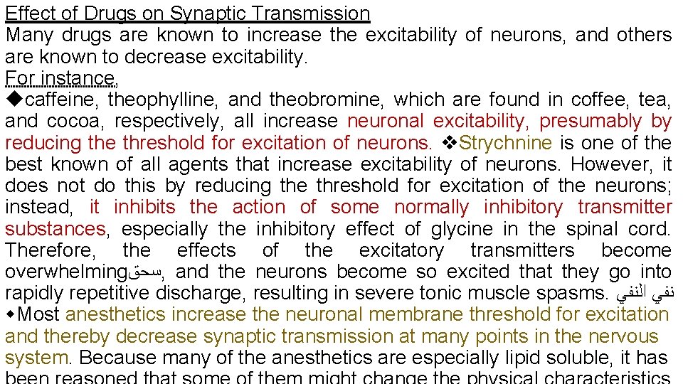 Effect of Drugs on Synaptic Transmission Many drugs are known to increase the excitability