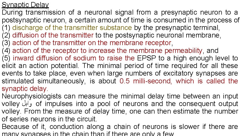 Synaptic Delay During transmission of a neuronal signal from a presynaptic neuron to a