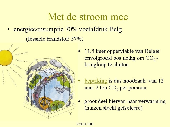 Met de stroom mee • energieconsumptie 70% voetafdruk Belg (fossiele brandstof: 57%) • 11,