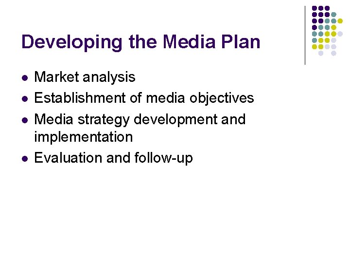 Developing the Media Plan l l Market analysis Establishment of media objectives Media strategy