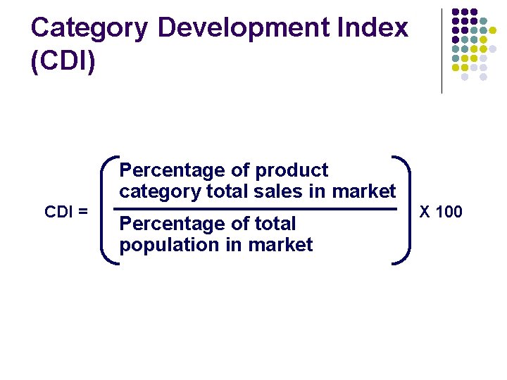 Category Development Index (CDI) Percentage of product category total sales in market CDI =