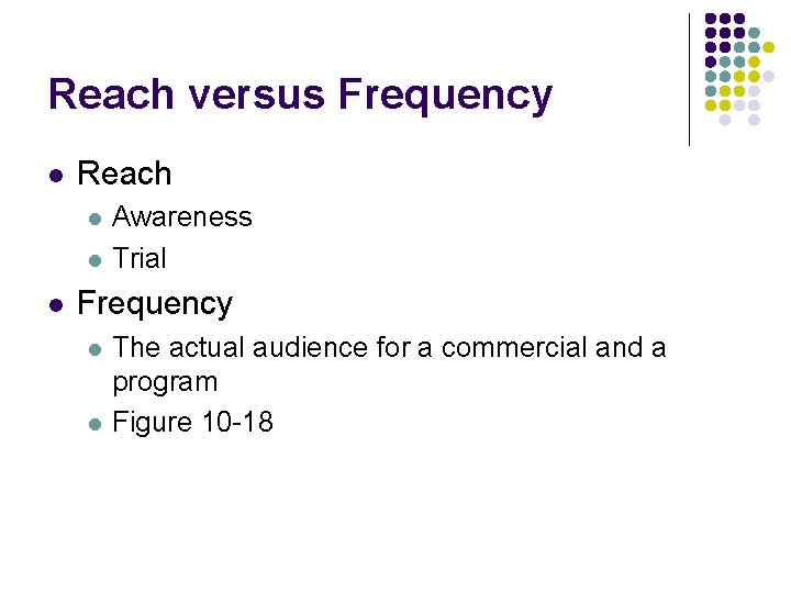 Reach versus Frequency l Reach l l l Awareness Trial Frequency l l The