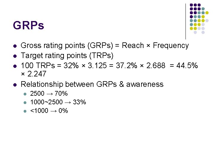 GRPs l l Gross rating points (GRPs) = Reach × Frequency Target rating points