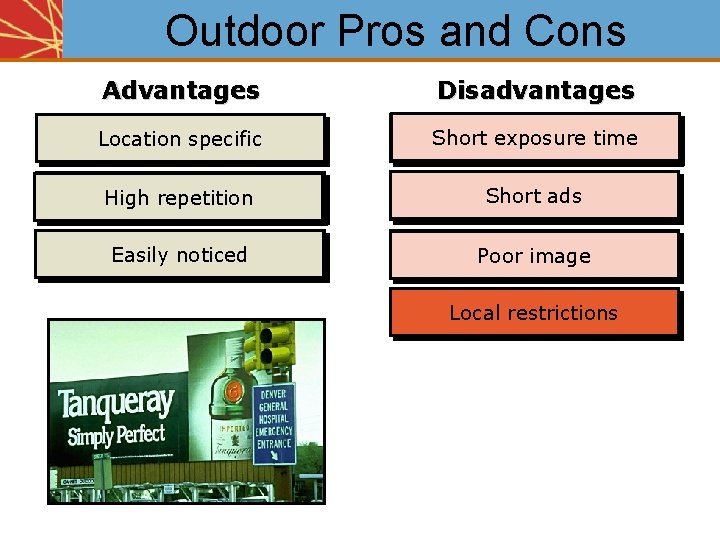 Outdoor Pros and Cons Advantages Disadvantages Location specific Short exposure time High repetition Short