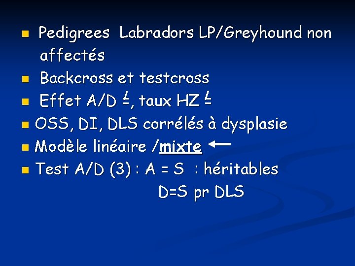  Pedigrees Labradors LP/Greyhound non affectés n Backcross et testcross n Effet A/D =,