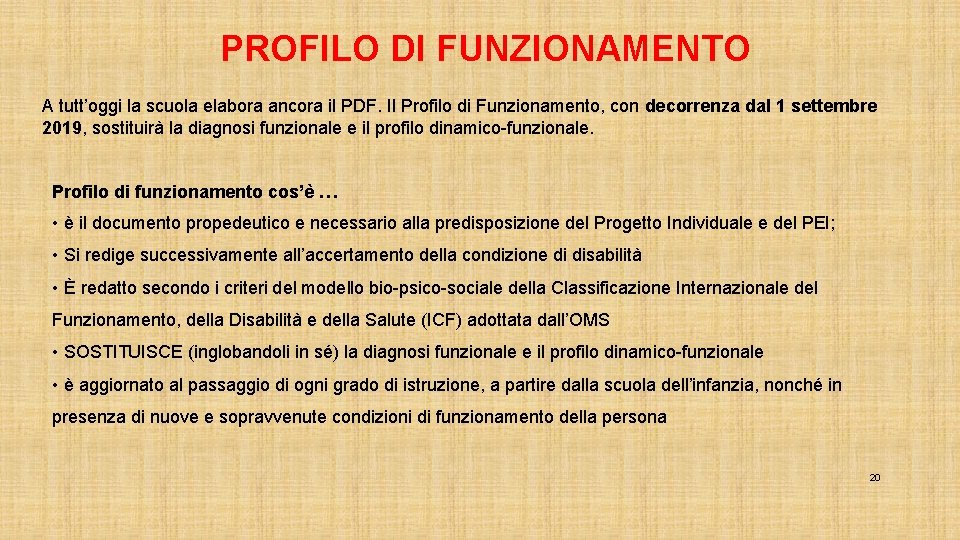 PROFILO DI FUNZIONAMENTO A tutt’oggi la scuola elabora ancora il PDF. Il Profilo di