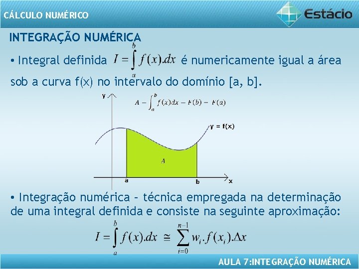 CÁLCULO NUMÉRICO INTEGRAÇÃO NUMÉRICA • Integral definida é numericamente igual a área sob a