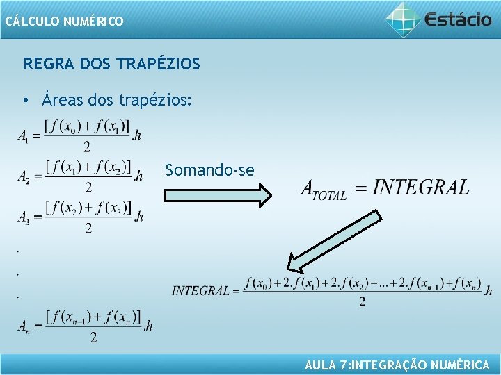 CÁLCULO NUMÉRICO REGRA DOS TRAPÉZIOS • Áreas dos trapézios: Somando-se AULA 7: INTEGRAÇÃO NUMÉRICA