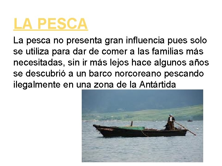 LA PESCA La pesca no presenta gran influencia pues solo se utiliza para dar