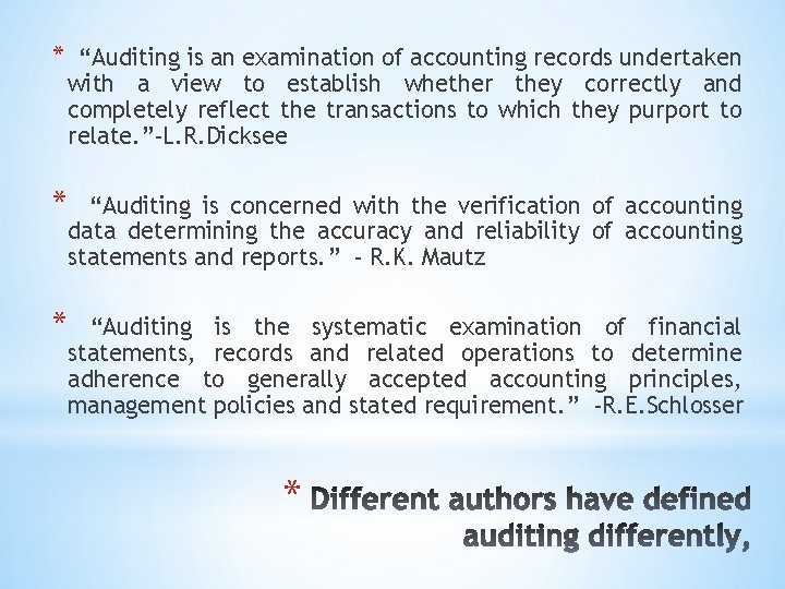 * “Auditing is an examination of accounting records undertaken with a view to establish