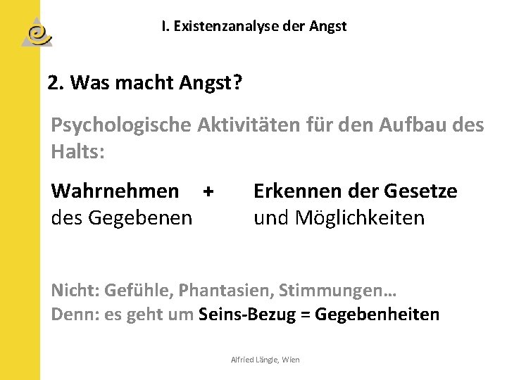 I. Existenzanalyse der Angst 2. Was macht Angst? Psychologische Aktivitäten für den Aufbau des