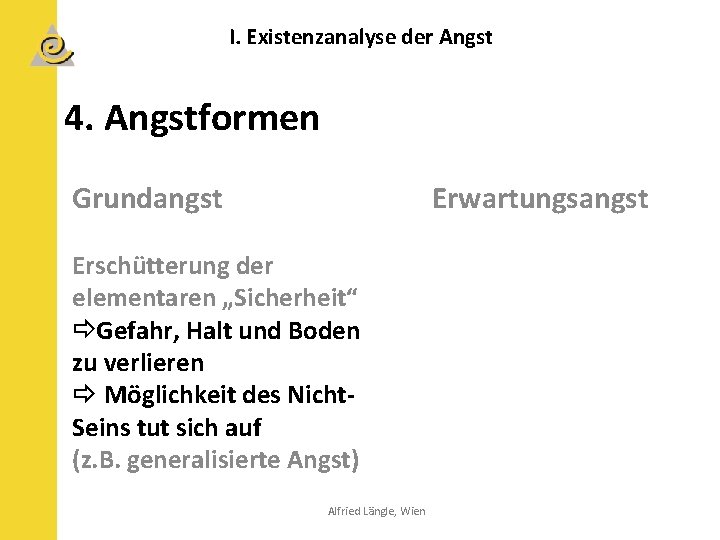 I. Existenzanalyse der Angst 4. Angstformen Grundangst Erschütterung der elementaren „Sicherheit“ Gefahr, Halt und