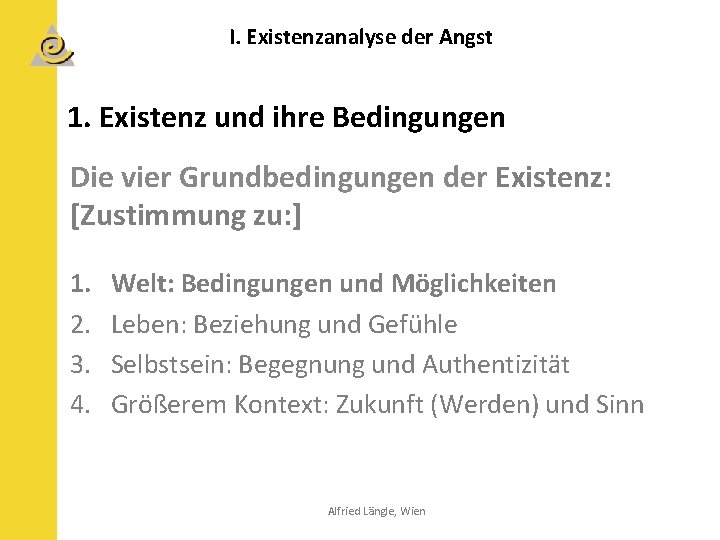 I. Existenzanalyse der Angst 1. Existenz und ihre Bedingungen Die vier Grundbedingungen der Existenz: