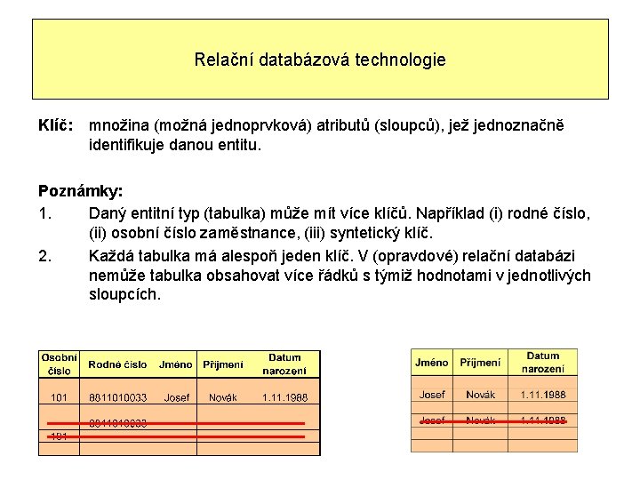 Relační databázová technologie Klíč: množina (možná jednoprvková) atributů (sloupců), jež jednoznačně identifikuje danou entitu.