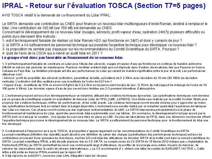 IPRAL - Retour sur l’évaluation TOSCA (Section T 7=5 pages) AVIS TOSCA relatif à