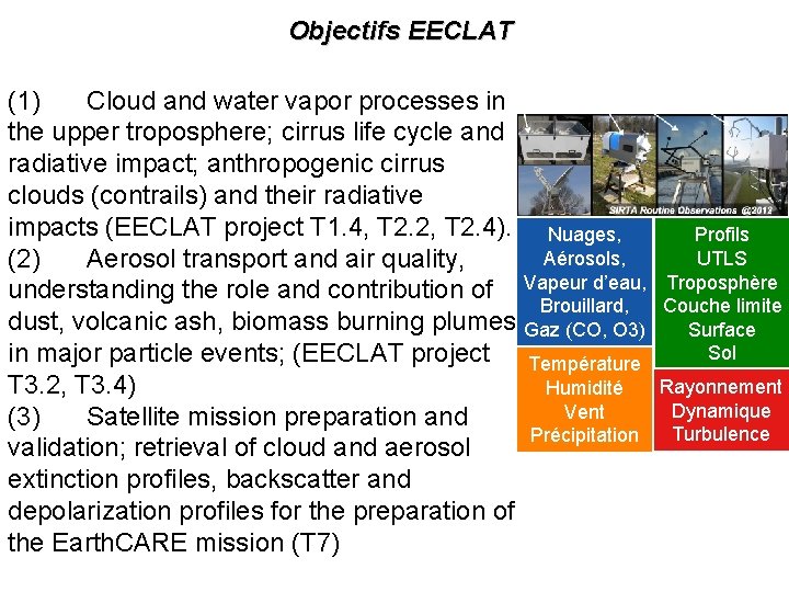 Objectifs EECLAT (1) Cloud and water vapor processes in the upper troposphere; cirrus life