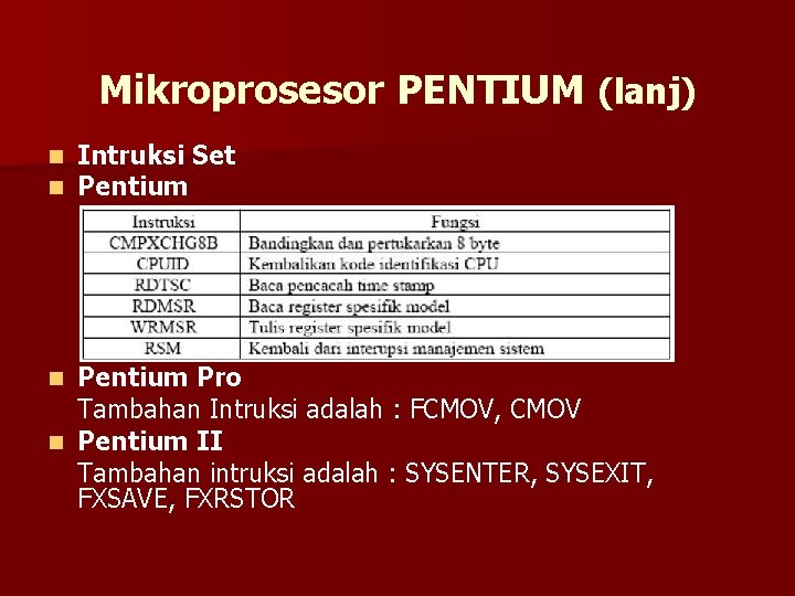 Mikroprosesor PENTIUM (lanj) n n Intruksi Set Pentium Pro Tambahan Intruksi adalah : FCMOV,