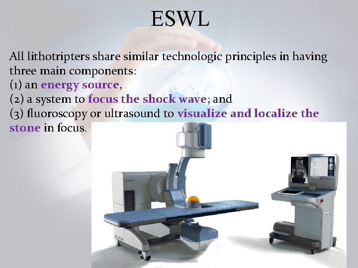 ESWL All lithotripters share similar technologic principles in having three main components: (1) an