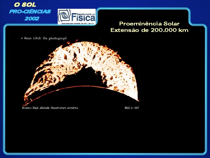 O SOL PRO-CIÊNCIAS 2002 Proeminência Solar Extensão de 200. 000 km 