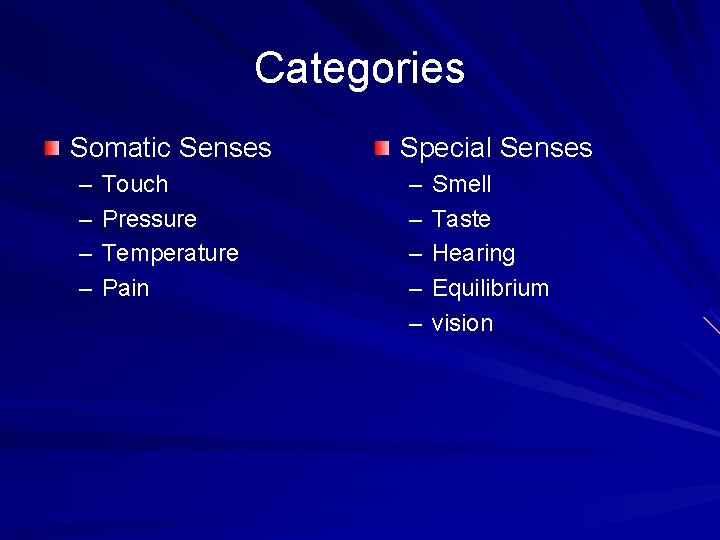 Categories Somatic Senses – – Touch Pressure Temperature Pain Special Senses – – –
