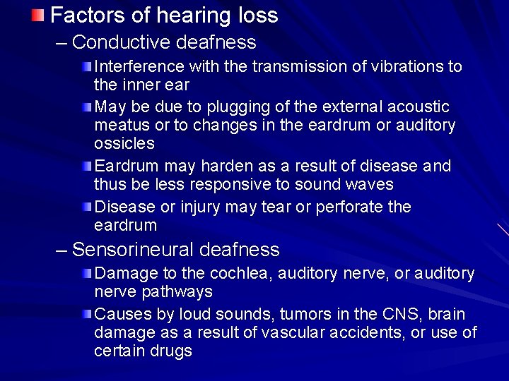 Factors of hearing loss – Conductive deafness Interference with the transmission of vibrations to