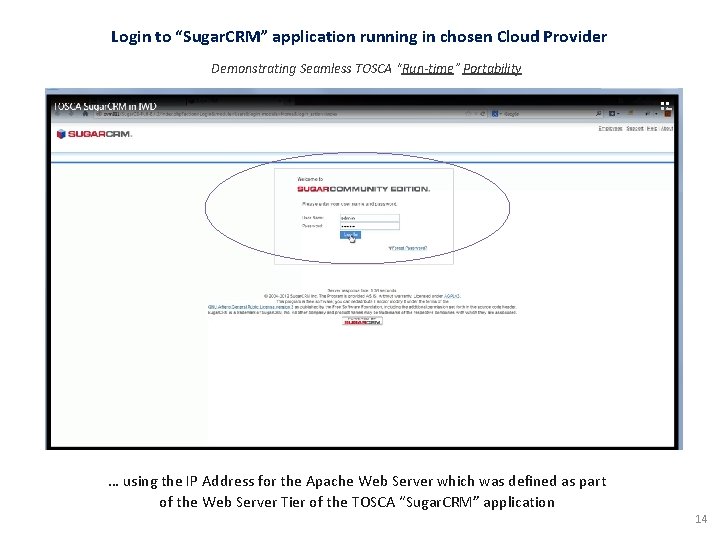 Login to “Sugar. CRM” application running in chosen Cloud Provider Demonstrating Seamless TOSCA “Run-time”