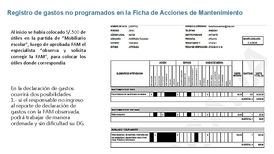 Registro de gastos no programados en la Ficha de Acciones de Mantenimiento Al inicio