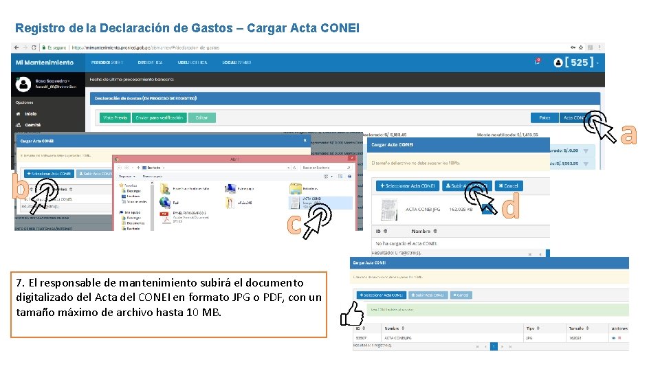 Registro de la Declaración de Gastos – Cargar Acta CONEI a b c 7.