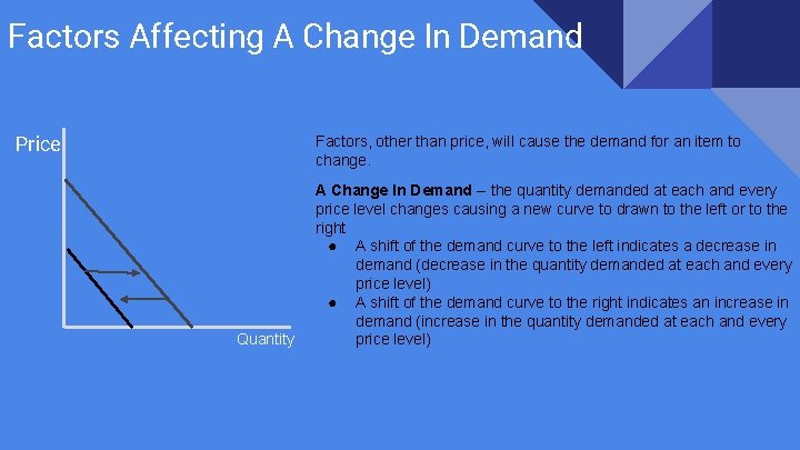 Factors Affecting A Change In Demand Price Factors, other than price, will cause the