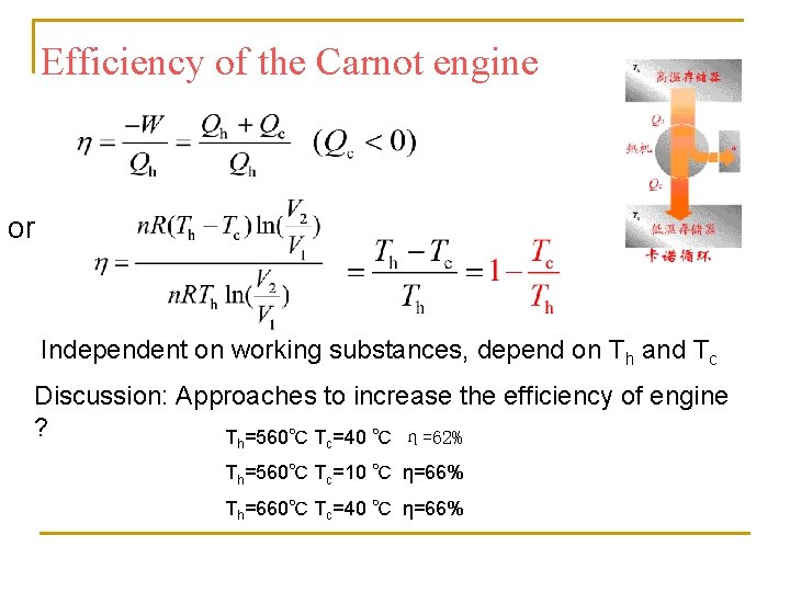 Efficiency of the Carnot engine or Independent on working substances, depend on Th and Efficiency of the Carnot engine or Independent on working substances, depend on Th and