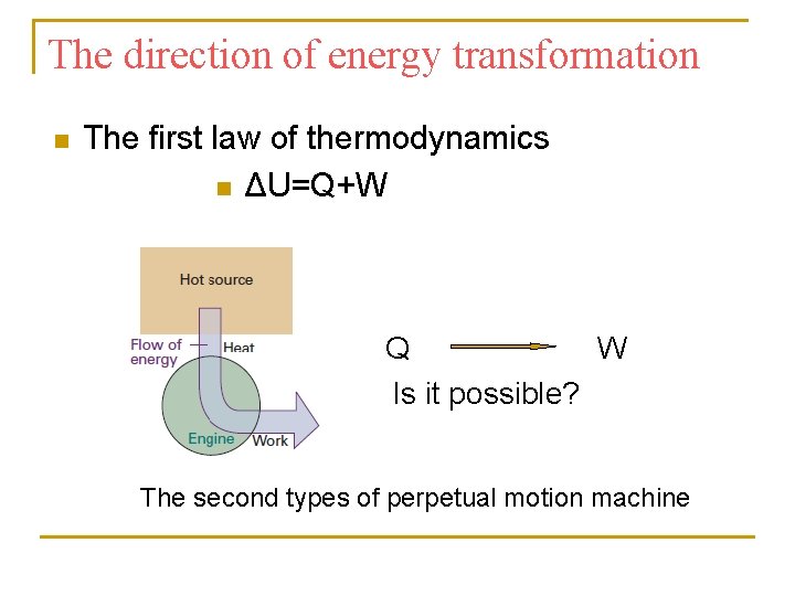 The direction of energy transformation n The first law of thermodynamics n ΔU=Q+W Q The direction of energy transformation n The first law of thermodynamics n ΔU=Q+W Q