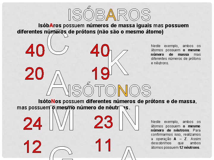 ISÓBAROS Isób. Aros possuem números de massa iguais mas possuem diferentes números de prótons