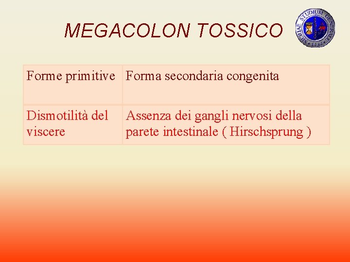 MEGACOLON TOSSICO Forme primitive Forma secondaria congenita Dismotilità del viscere Assenza dei gangli nervosi