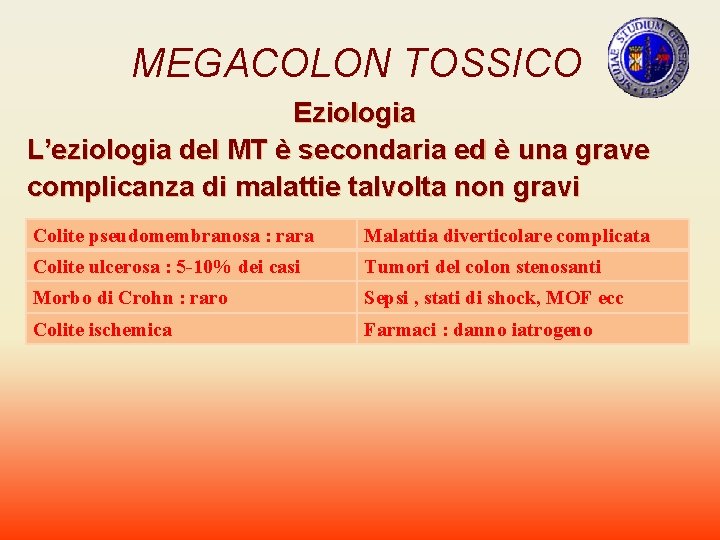 MEGACOLON TOSSICO Eziologia L’eziologia del MT è secondaria ed è una grave complicanza di