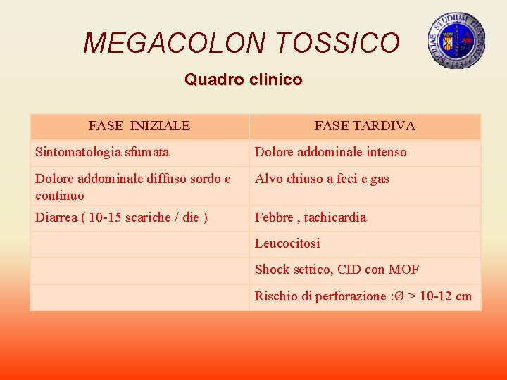 MEGACOLON TOSSICO Quadro clinico FASE INIZIALE FASE TARDIVA Sintomatologia sfumata Dolore addominale intenso Dolore