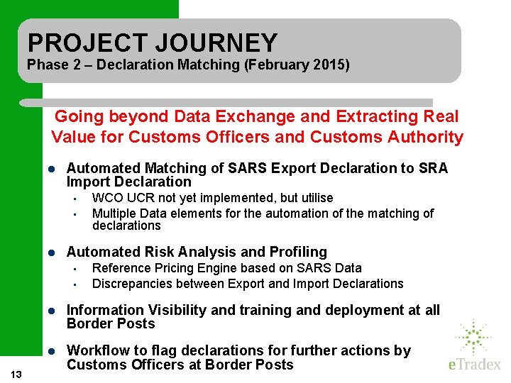 PROJECT JOURNEY Phase 2 – Declaration Matching (February 2015) Going beyond Data Exchange and