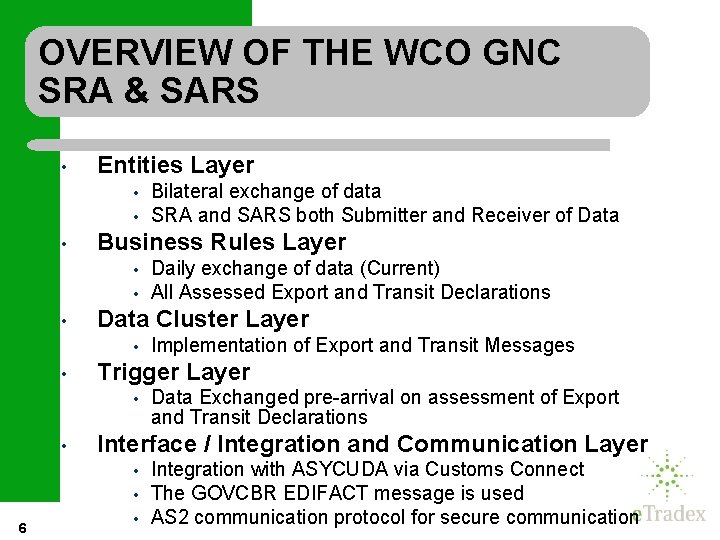 OVERVIEW OF THE WCO GNC SRA & SARS • Entities Layer • • •