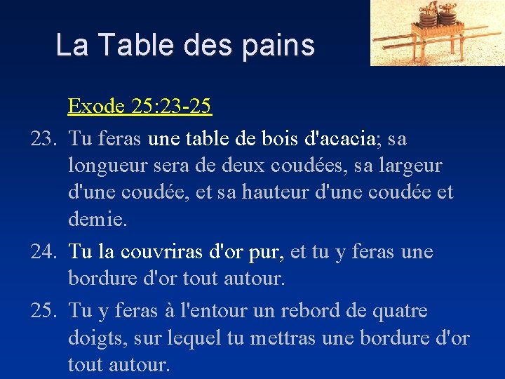 La Table des pains Exode 25: 23 -25 23. Tu feras une table de