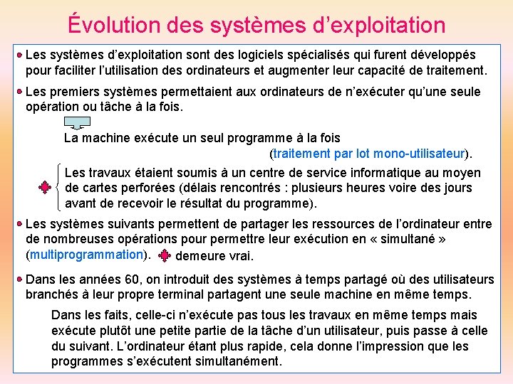 Évolution des systèmes d’exploitation Les systèmes d’exploitation sont des logiciels spécialisés qui furent développés