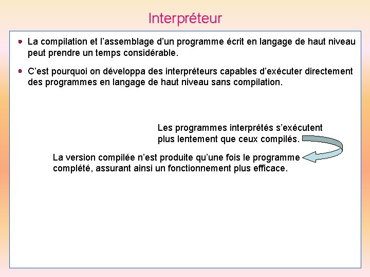 Interpréteur La compilation et l’assemblage d’un programme écrit en langage de haut niveau peut